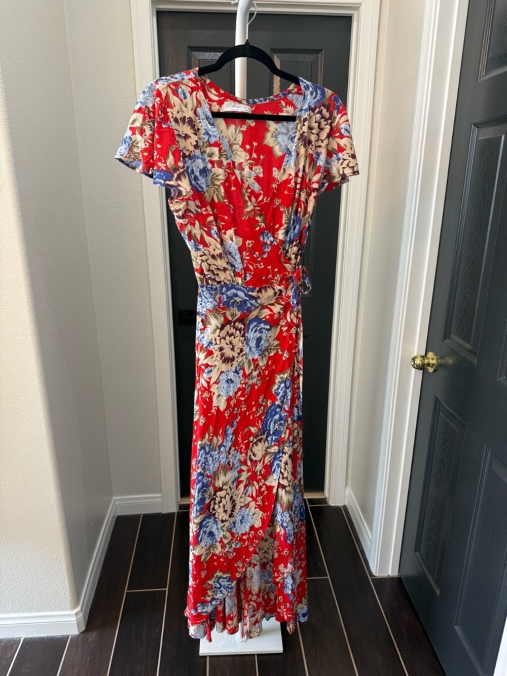 Auguste The Label Red Floral Wrap Maxi with Blue and Cream Blooms